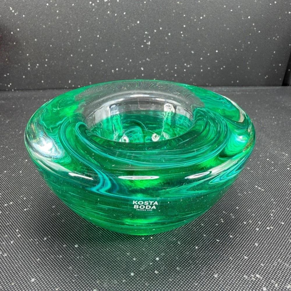Kosta Boda Sweden Art Glass Green Swirl Votive Candle Holder Signed Heavy Base